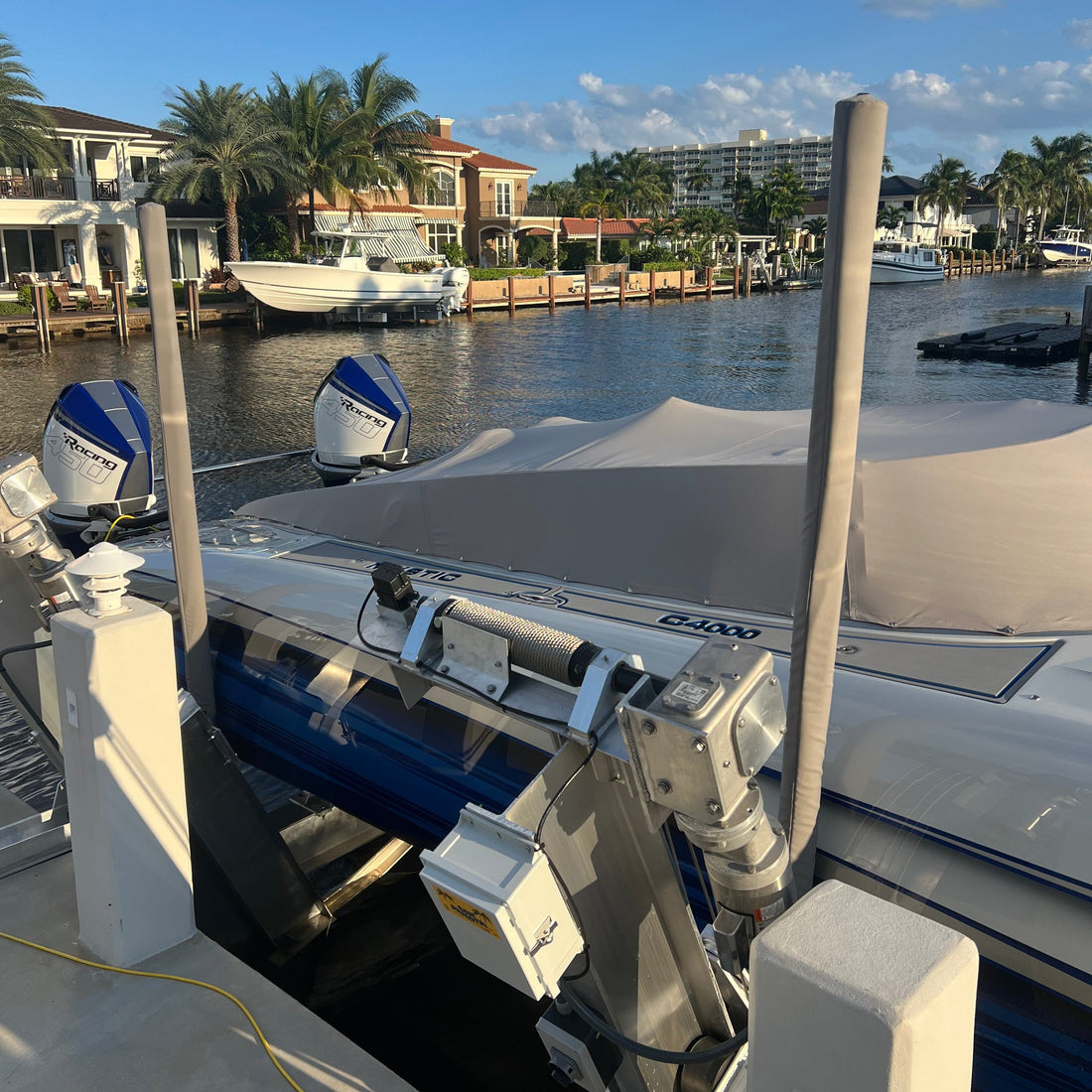 PolePad guide pole cover installed on a boat lift